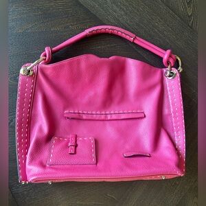 BCBGMaxAzria Pink Leather Large Shoulder Bag With White Stitching Y2K